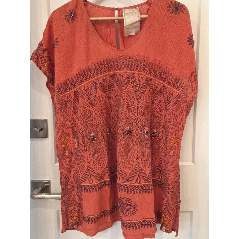 Free People New Romantics Beaded Artisan Gauzy Knit Tunic Top Coral S Crunchy